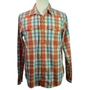 Levis Coral Blue White Vintage Snap Button Western Long Sleeve Plaid Shirt XL